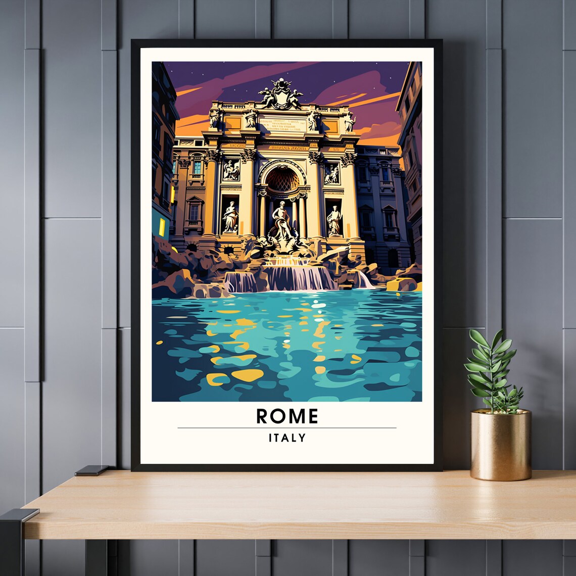 Rome Italy Trevi Fountain at Night Retro Travel Poster Souvenir Art
