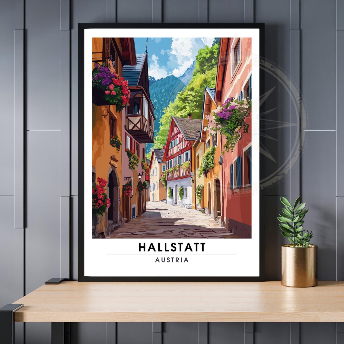 Hallstatt Austria Flower Lined Old Town Street Mountain View Poster
