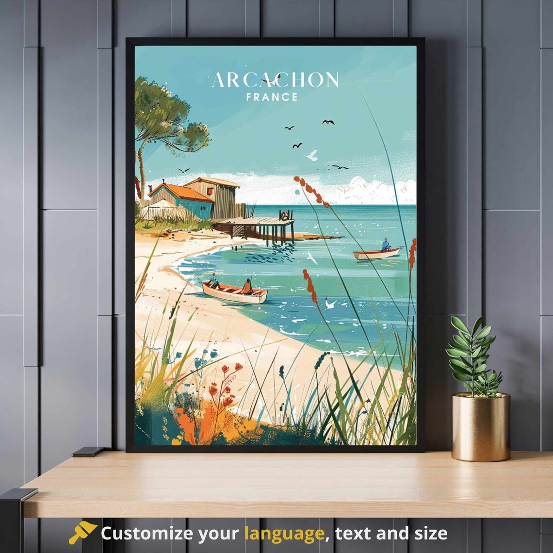 Arcachon France Beach Travel Scene Poster With Sailboats And Pier