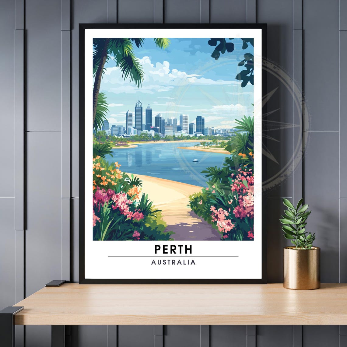 Perth Australia City Skyline River View Floral Path Travel Poster