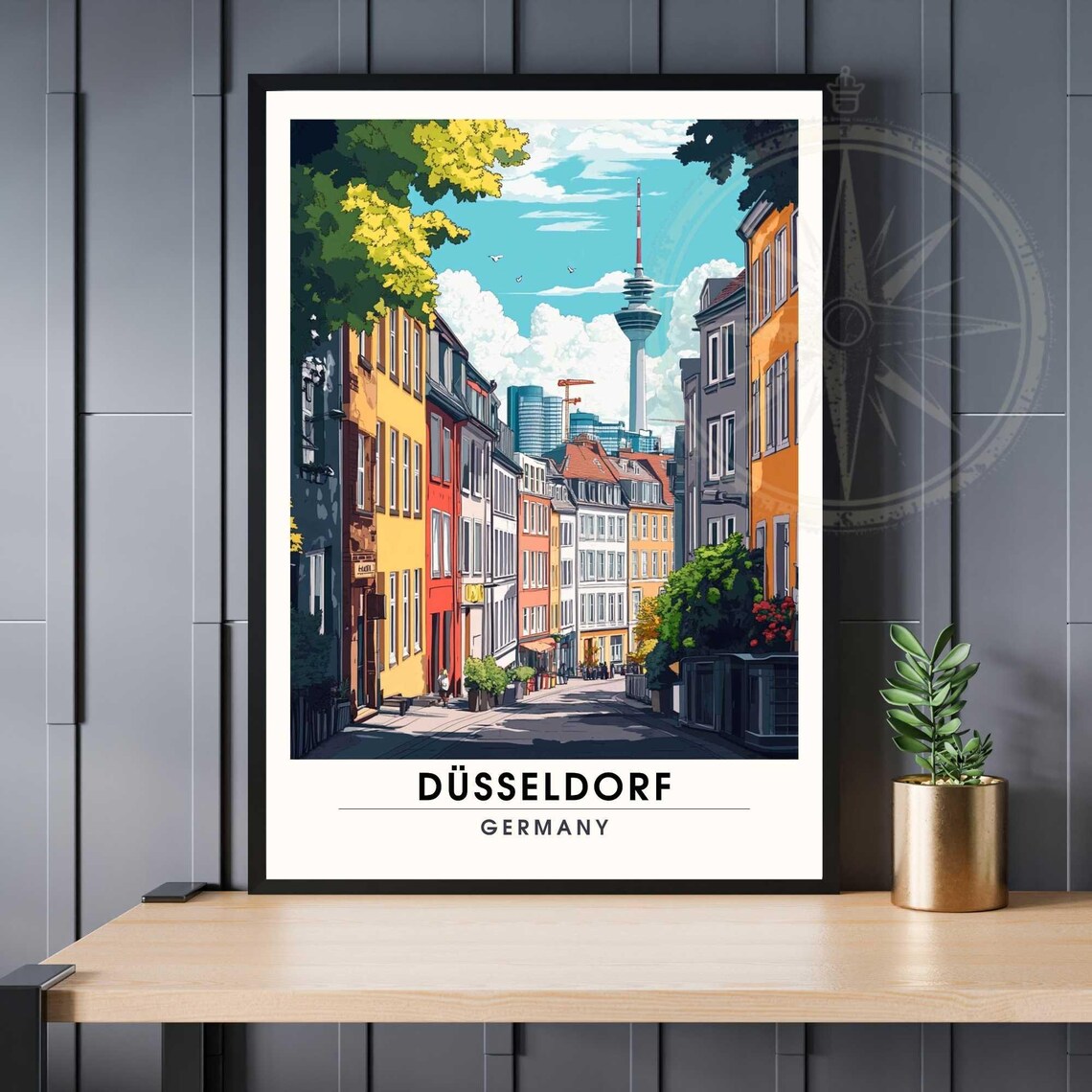 Düsseldorf Historic Old Town Street Rheinturm Germany Travel Poster