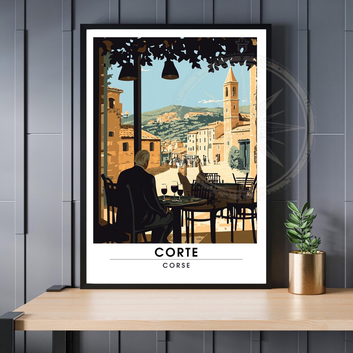 Corte Corsica France Cafe Terrace Bell Tower Village Scene Art Poster