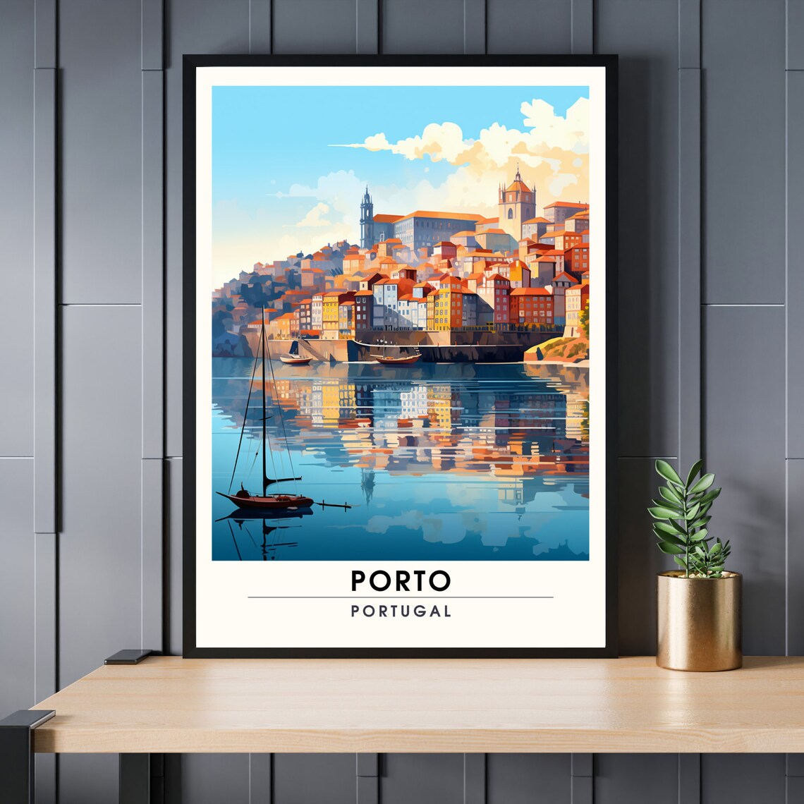 Porto Portugal Riverside Colorful Houses Travel Illustration Poster