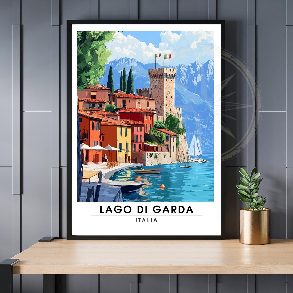 Lago Di Garda Italia Lakeside Castle Village Vintage Travel Poster