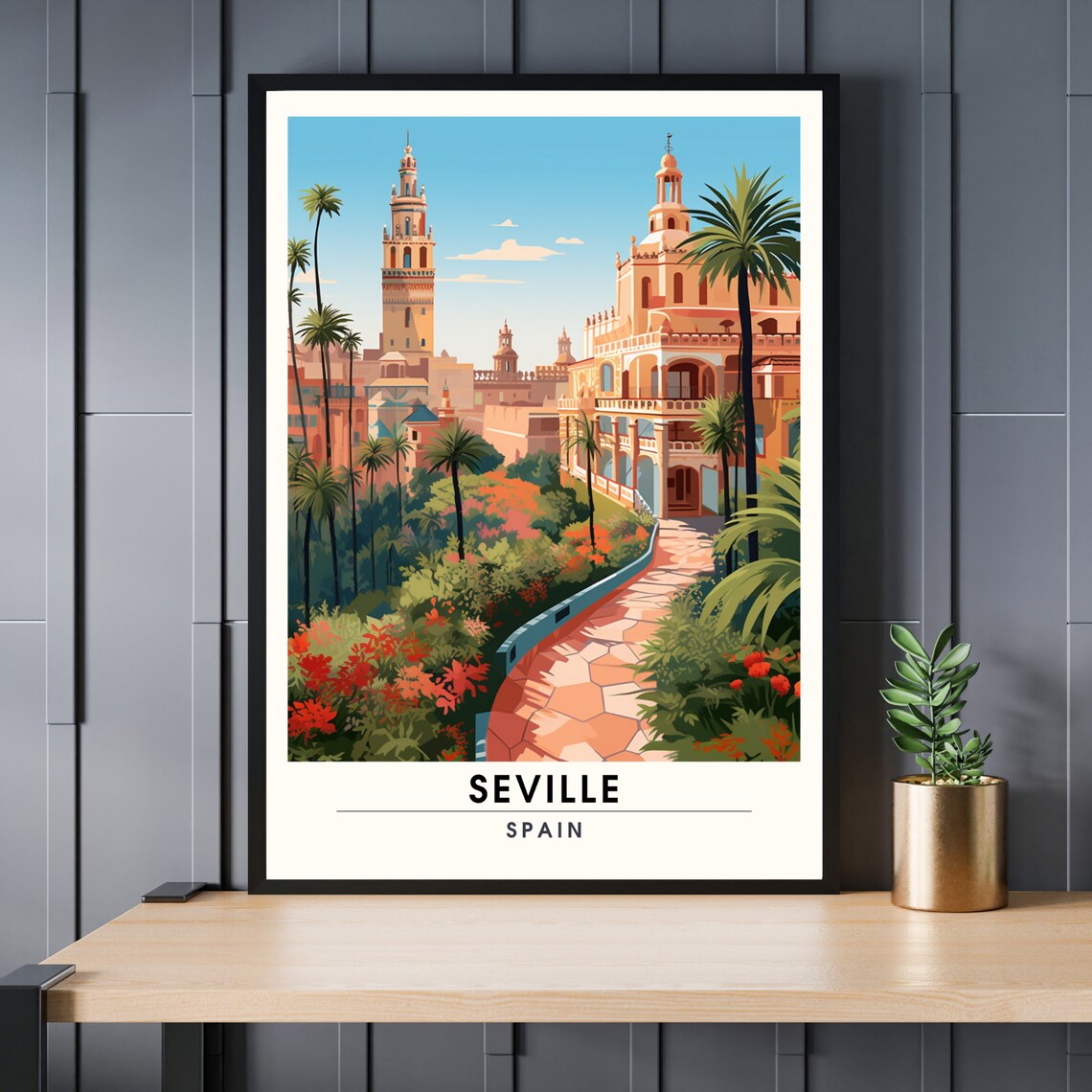 Seville Spain Plaza de Espana Palm Gardens Vintage Travel Poster
