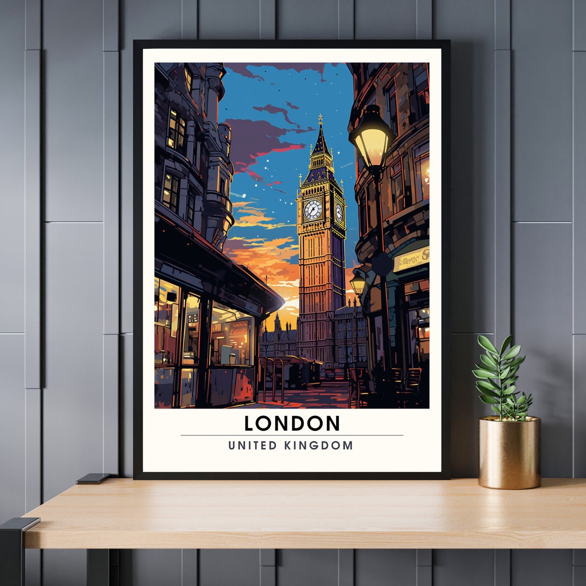 London United Kingdom Big Ben Sunset Skyline Evening Travel Poster