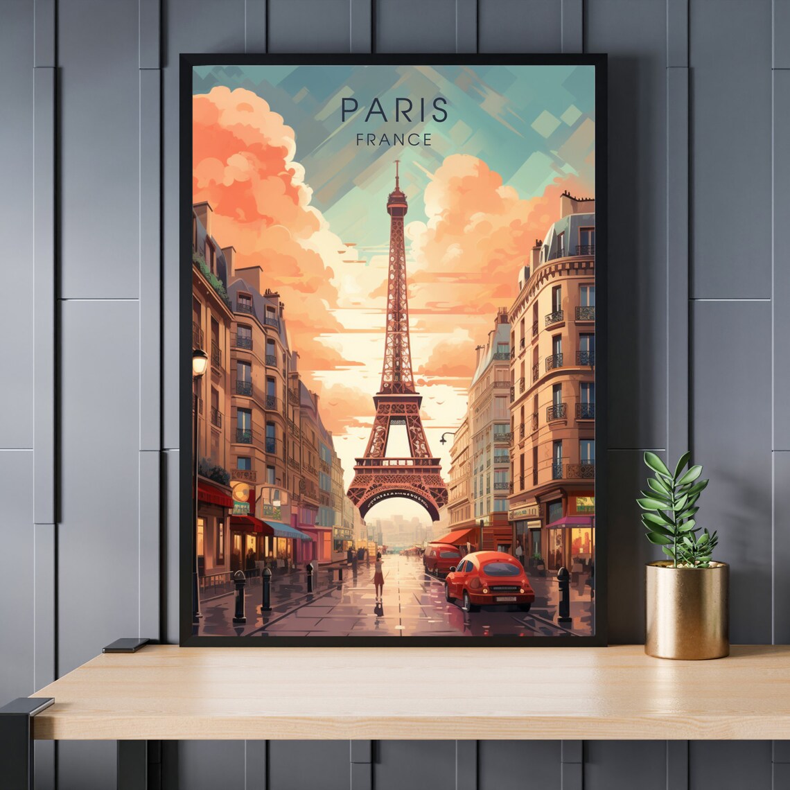Paris France Eiffel Tower Street Scene at Sunset Vintage Travel Poster