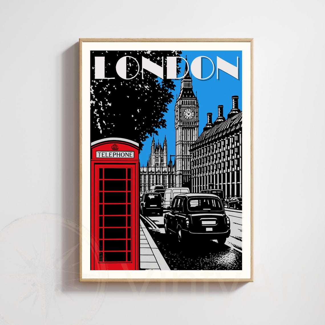 London Red Phone Box Big Ben Black Cab Graphic Travel Poster