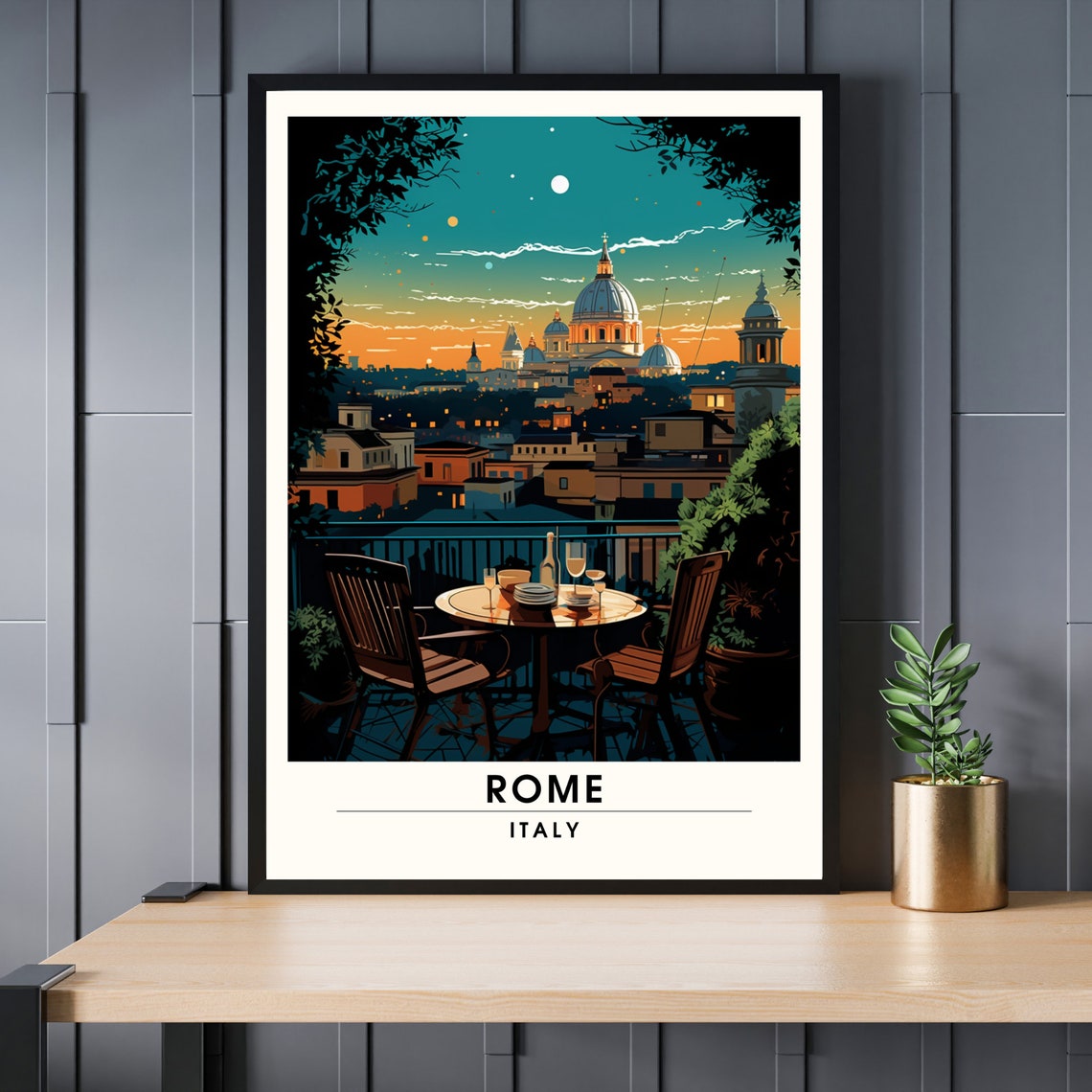 Rome Italy Rooftop Terrace Dinner Sunset City Skyline Travel Poster