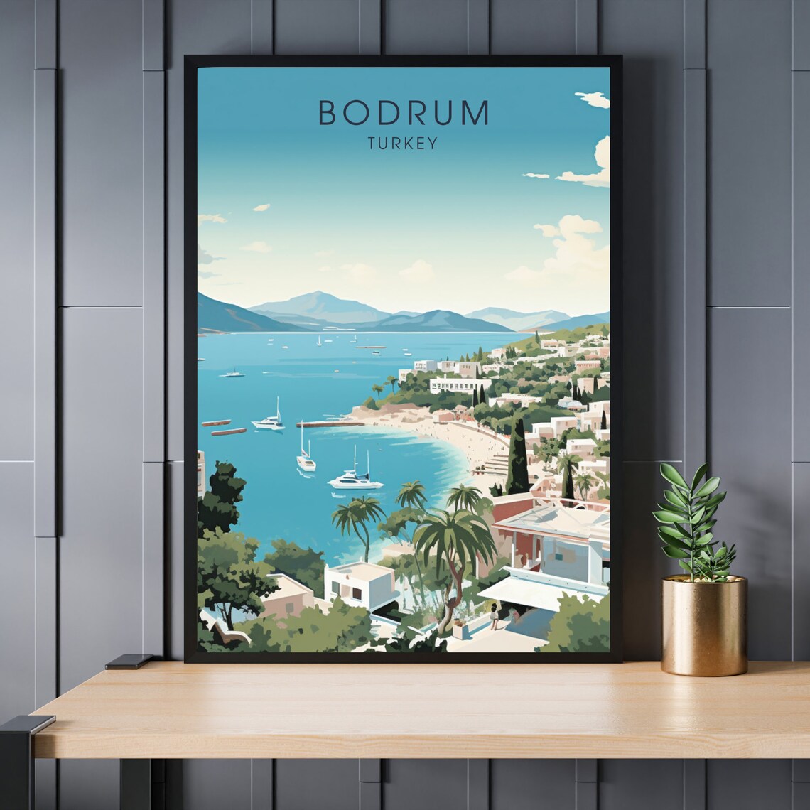 Bodrum Turkey Turquoise Bay Sailboats Vintage Coastline Travel Poster