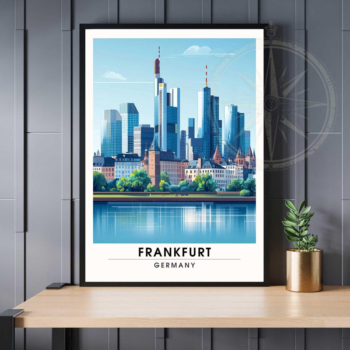 Frankfurt City Skyline Daytime River Main Germany Travel Poster