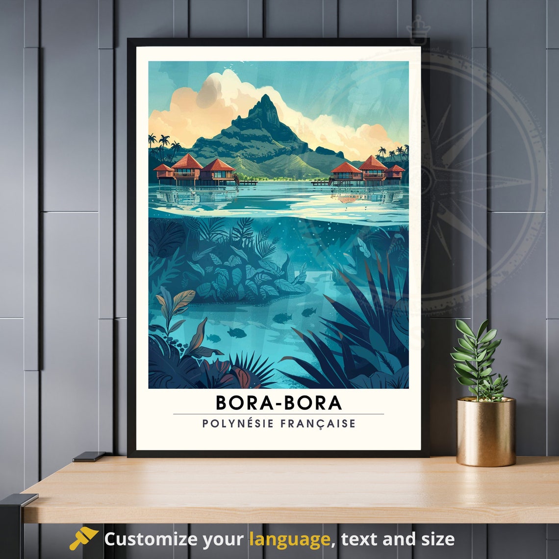 Tropical Bora Bora Bungalows Underwater Coral Reef Scene Print