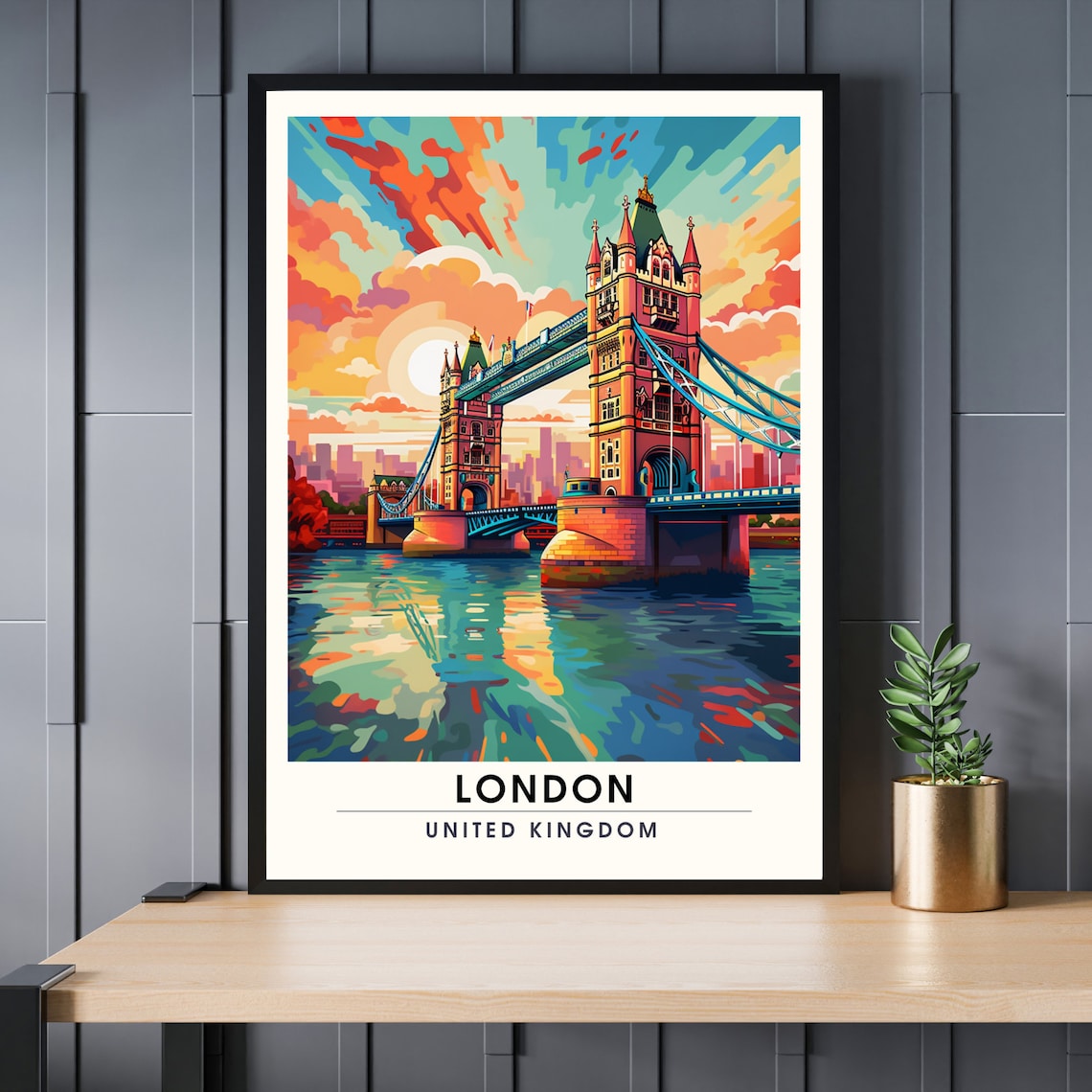 London United Kingdom Tower Bridge Vibrant Sunset River Poster