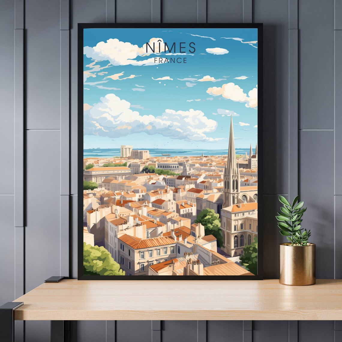 Nimes France City Skyline Church Spire Vintage Travel Art Poster