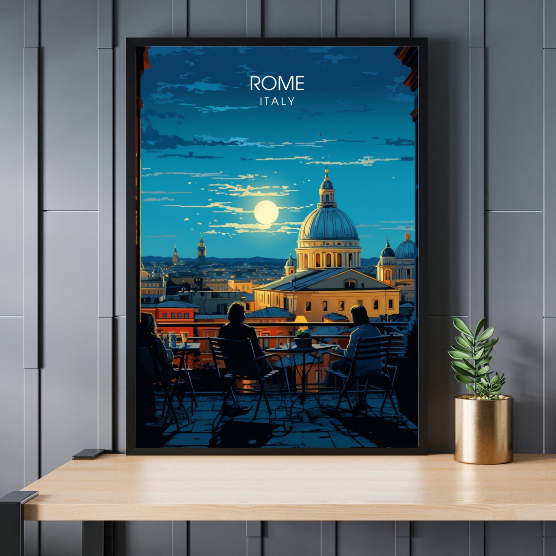 Rome Italy Rooftop Terrace Night Moonlight St Peters Dome Poster