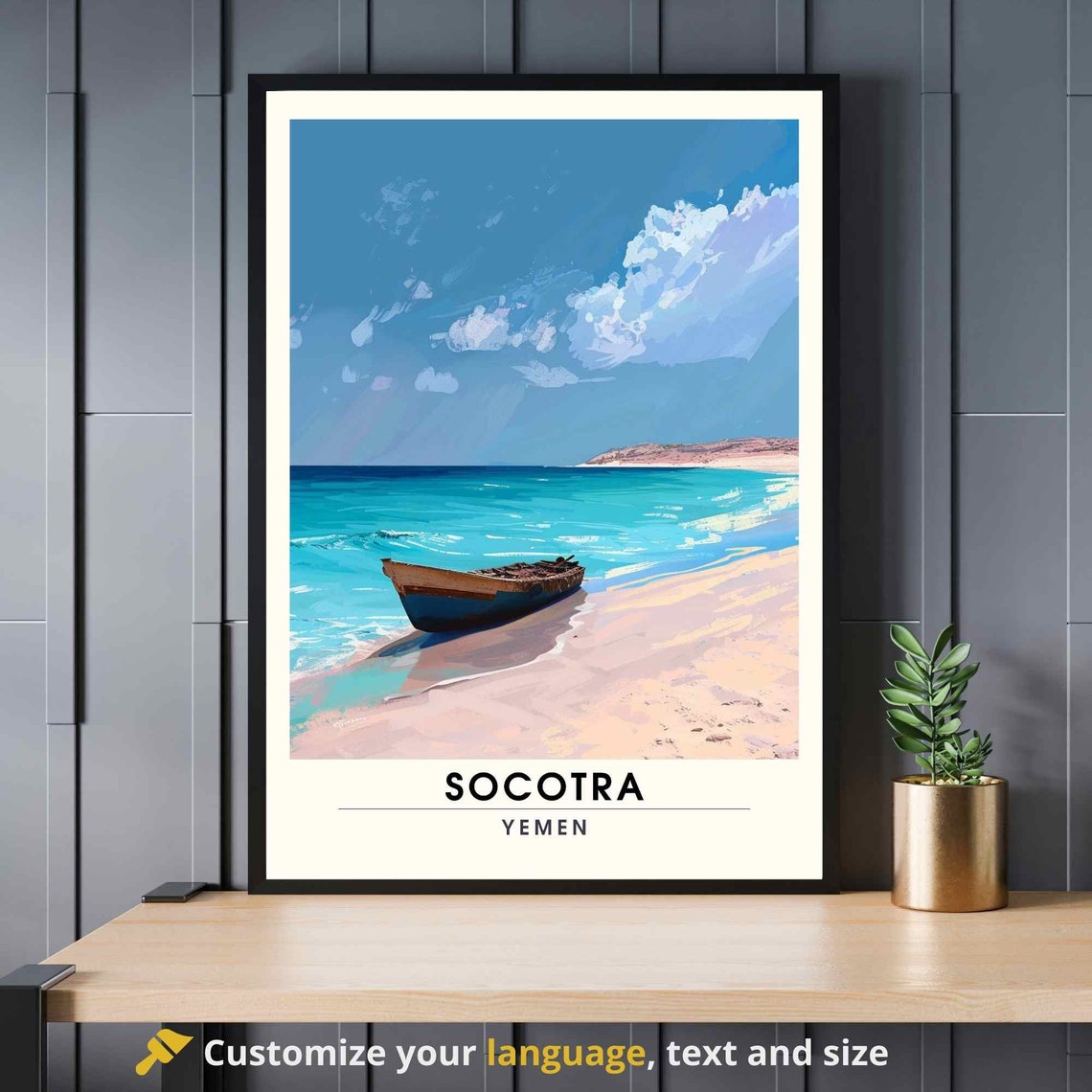 Socotra Yemen Beached Wooden Boat Turquoise Shore Desert Poster