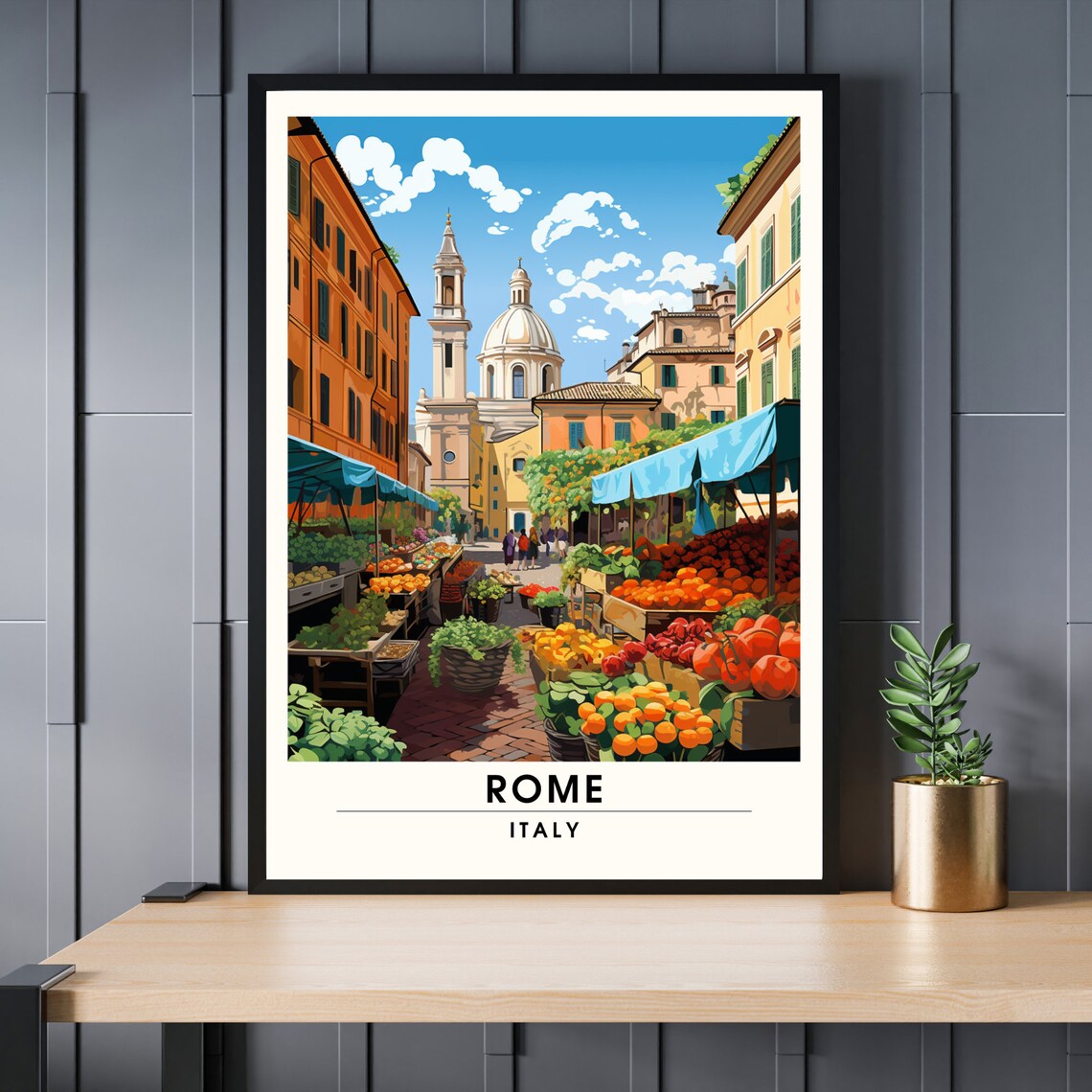 Rome Italy Street Market Fresh Produce Colorful Travel Style Poster