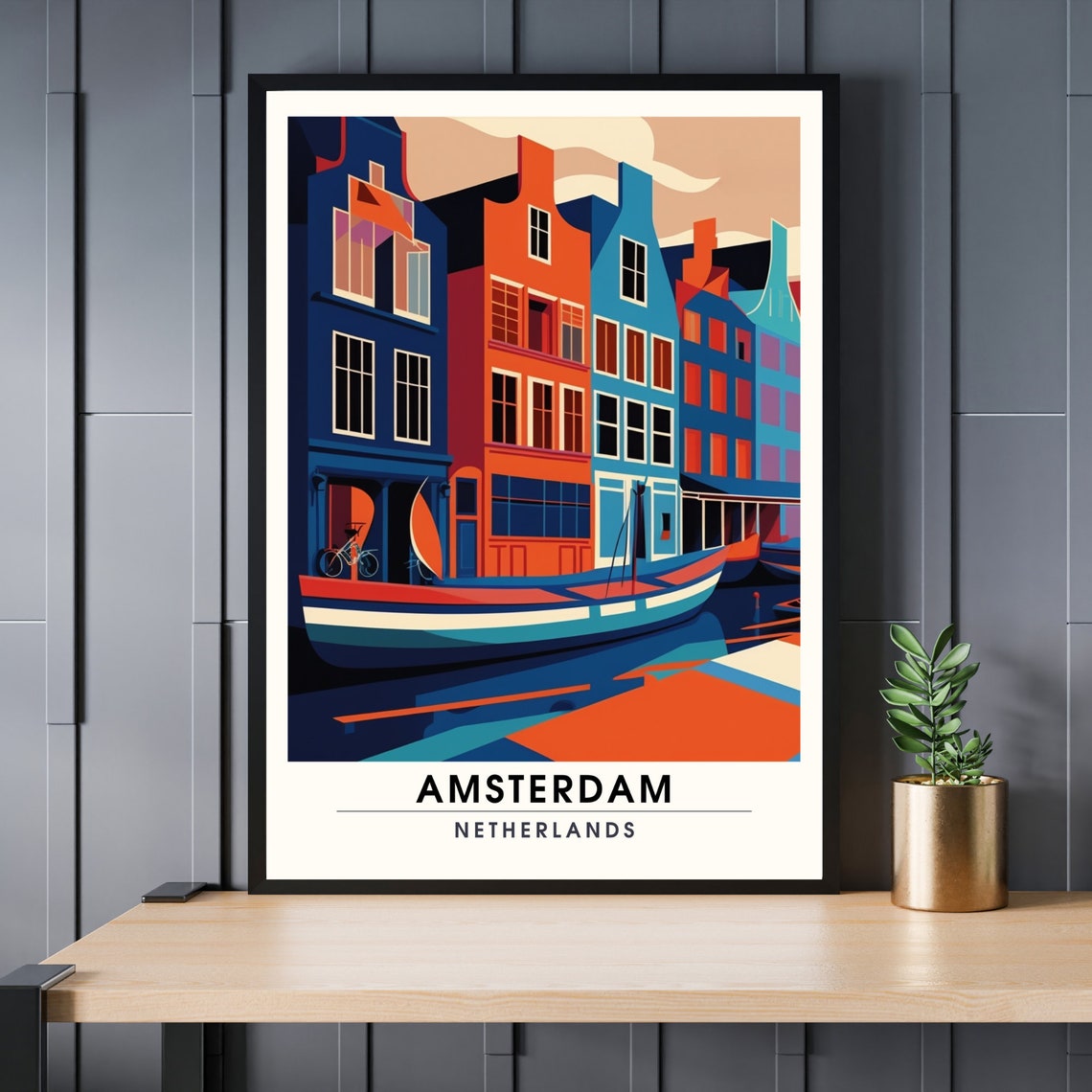 Amsterdam Netherlands Bold Flat Canal House Boat Graphic Art Poster