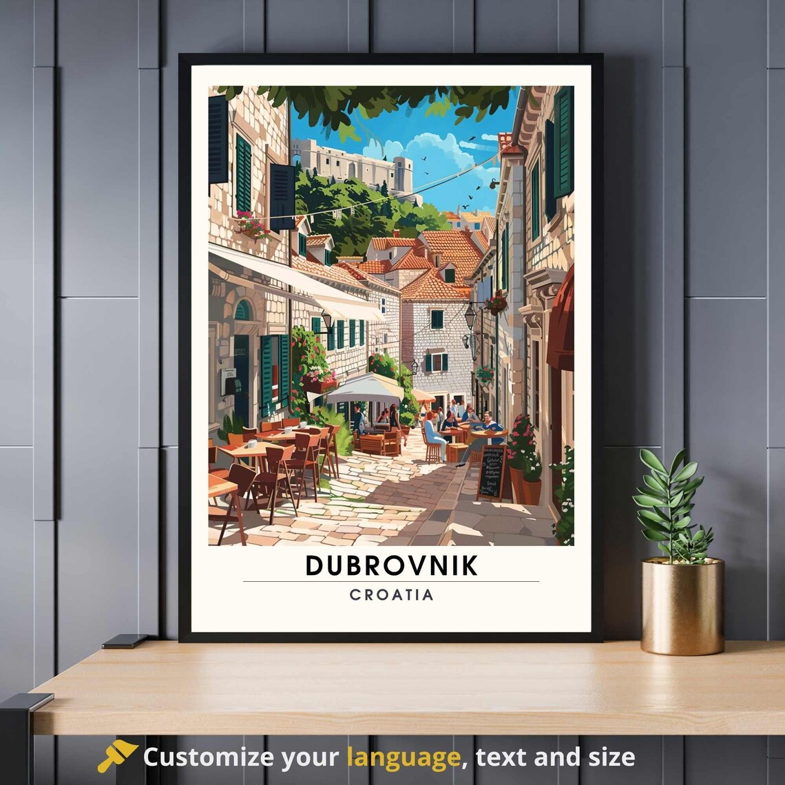 Dubrovnik Croatia Old Town Sunny Street Cafes Scenic Travel Poster