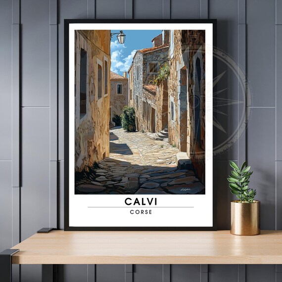 Calvi Corsica Cobblestone Alley Illustrated Old Town Travel Poster