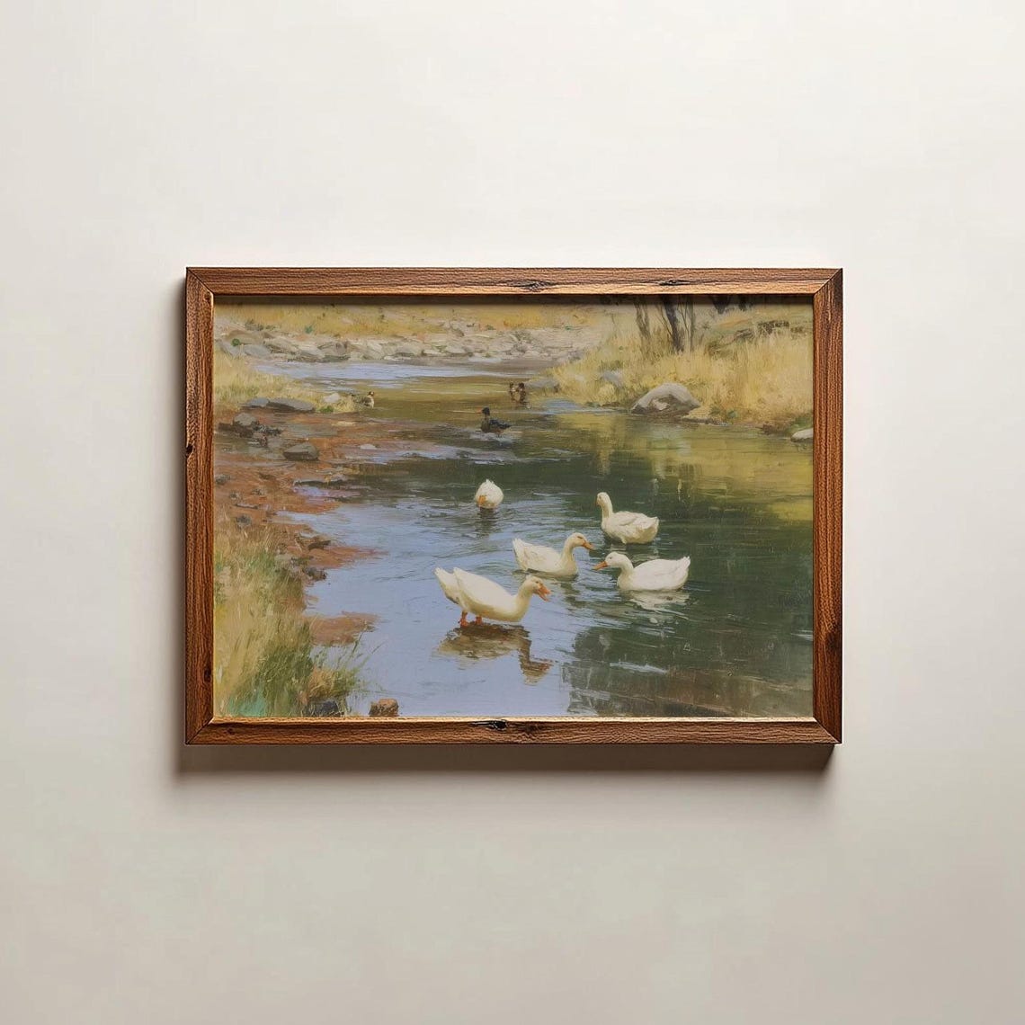 White Ducks On Country Lake Vintage Farmhouse Pond Art Poster