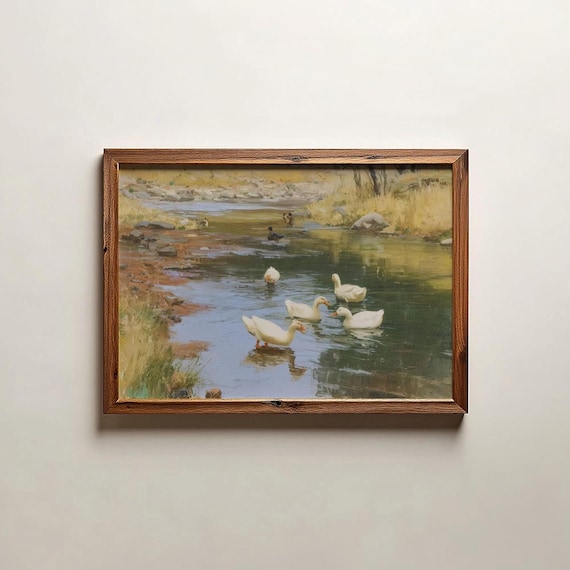 White Ducks On Country Lake Vintage Farmhouse Pond Art Poster