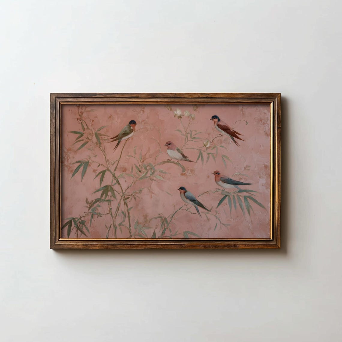 Vintage Chinese Birds Bamboo Blossom Pink Chinoiserie Art Print