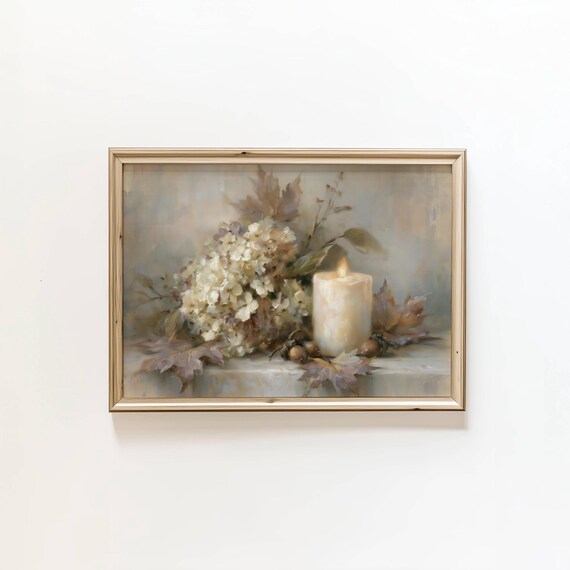 Lit White Candle Hydrangea Fall Foliage Autumn Still Life Poster