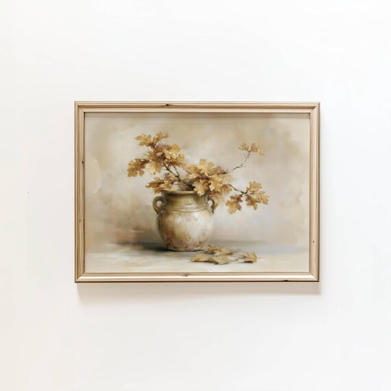 Golden Autumn Leaves Branches Ceramic Vase Neutral Still Life Poster