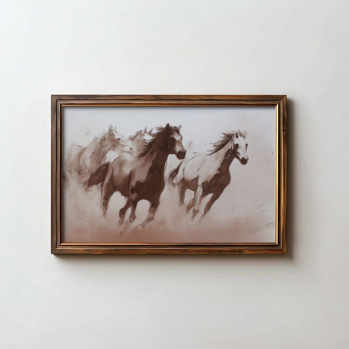 Galloping Horses Sepia Watercolor Ink Sketch Equestrian Art Poster