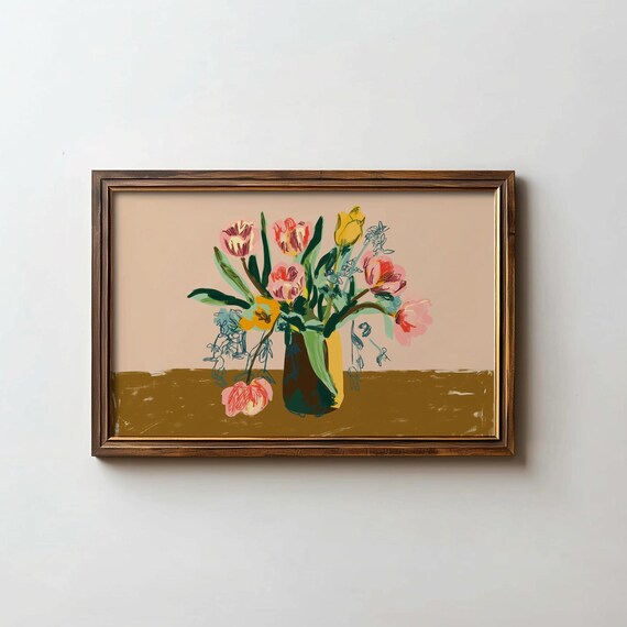 Painterly Tulips Bouquet Print Blush Ochre Vase Modern Floral Decor Art