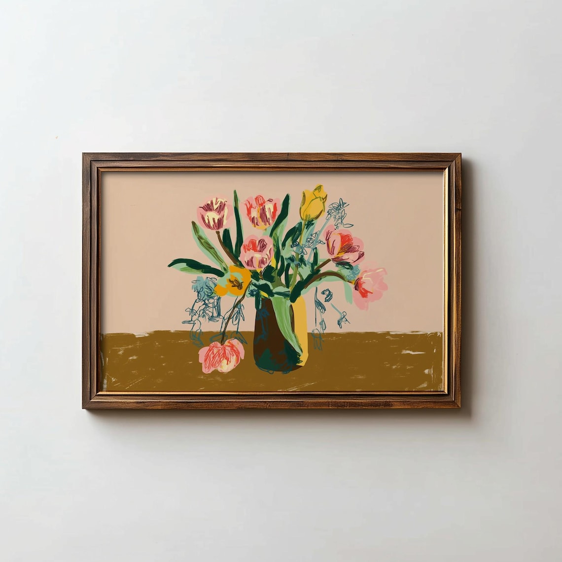 Painterly Tulips Bouquet Print Blush Ochre Vase Modern Floral Decor Art