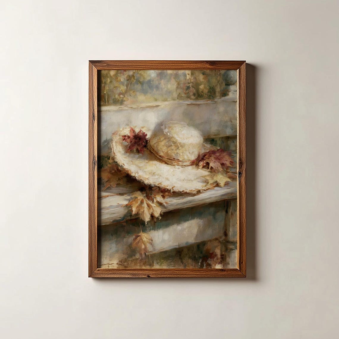 Straw Hat And Autumn Leaves Moody Still Life Oil Painting Poster