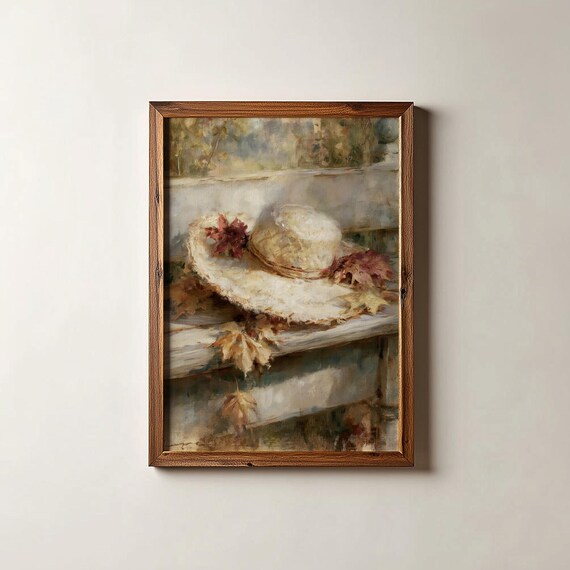 Straw Hat And Autumn Leaves Moody Still Life Oil Painting Poster