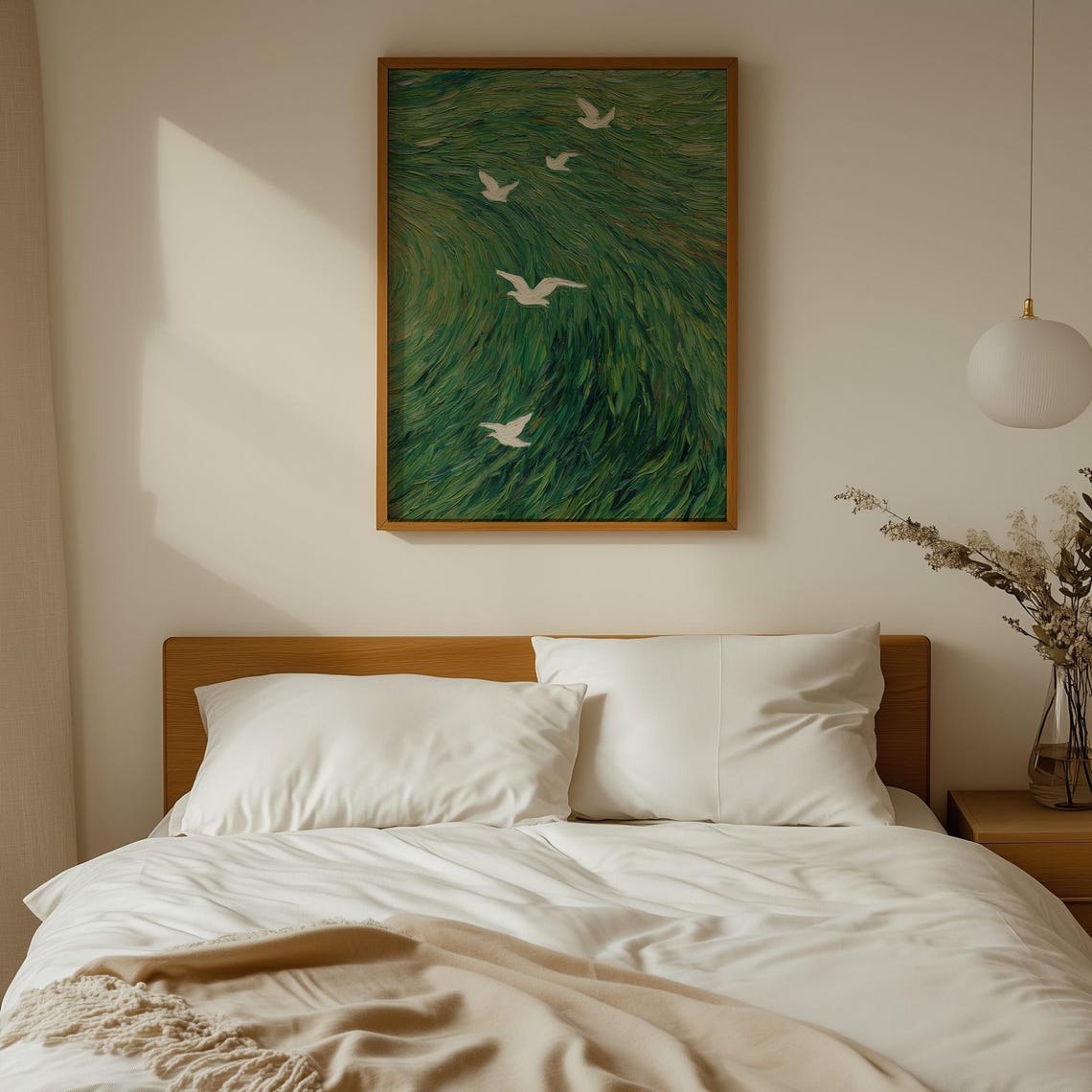 White Birds Flying Over Emerald Green Swirling Ocean Art Poster