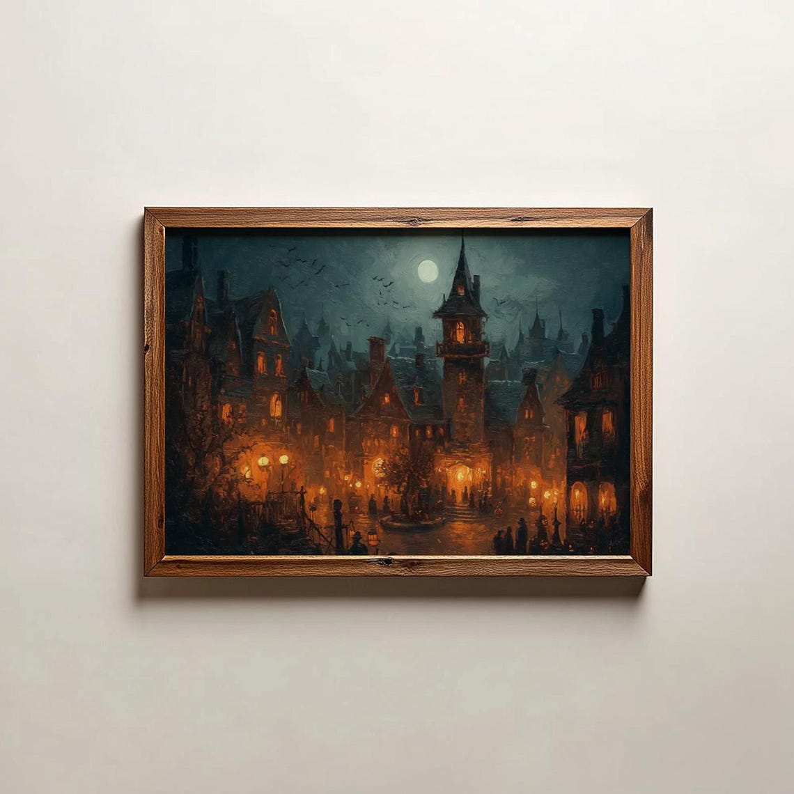 Moonlit Gothic Town Square Church Tower Glowing Windows Night Poster