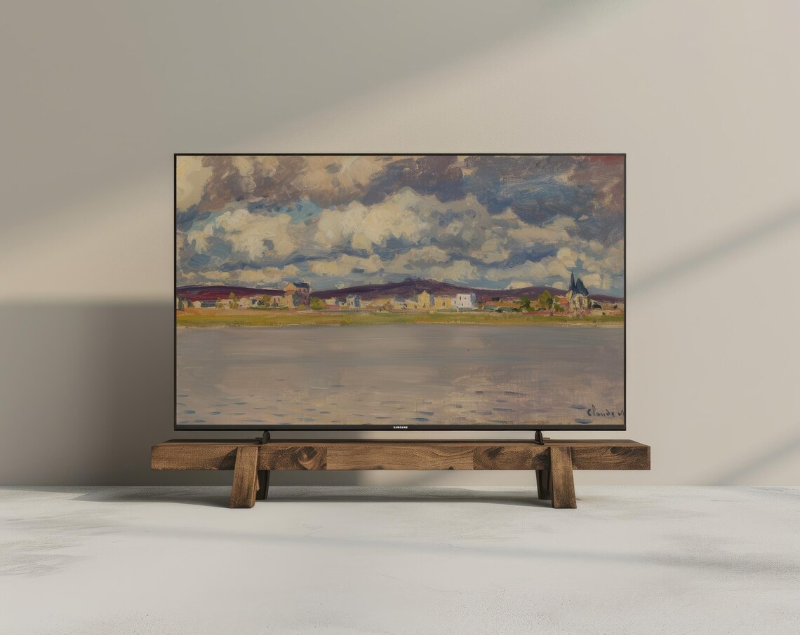 Coastal Town Across Calm Water Dramatic Clouds Vintage Painting Frame TV Poster - Image 3