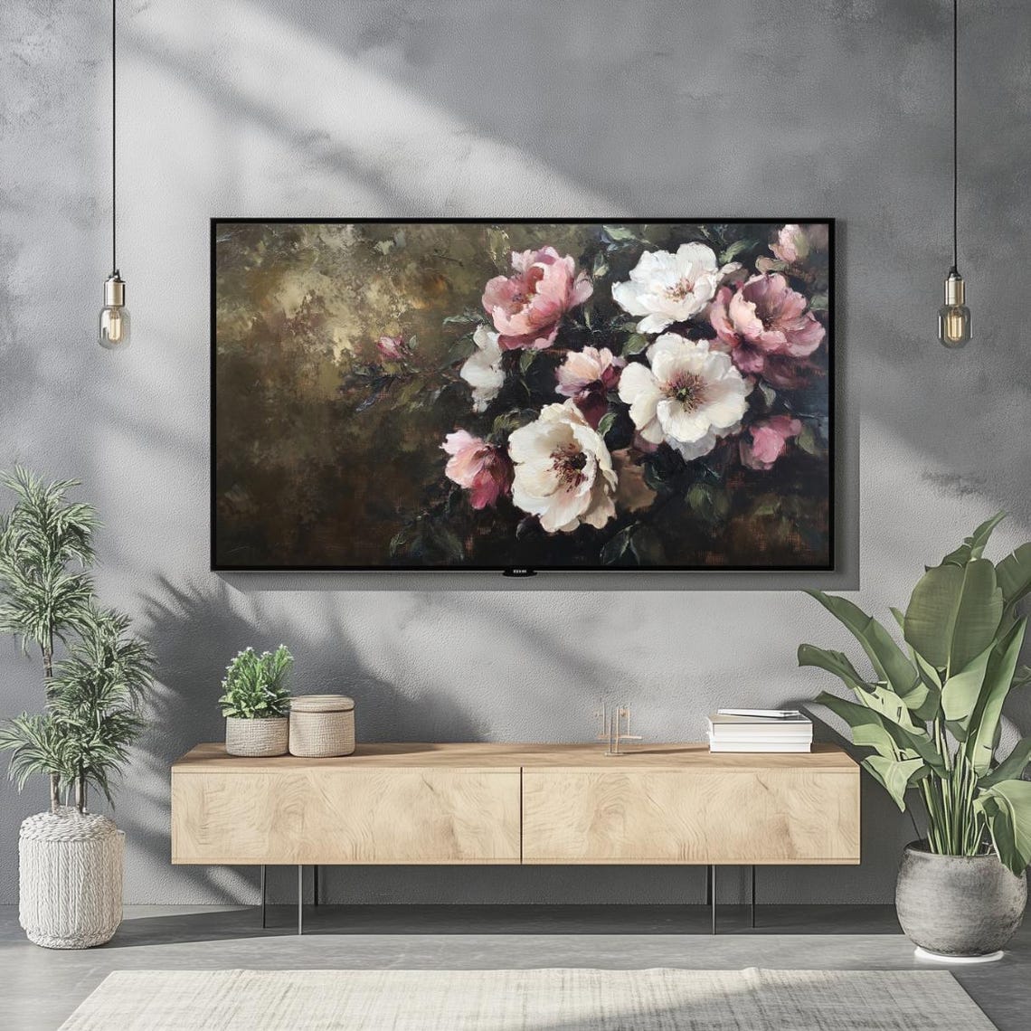 Dark Moody Pink White Peonies Baroque Oil Painting Floral Wall Art - Image 2