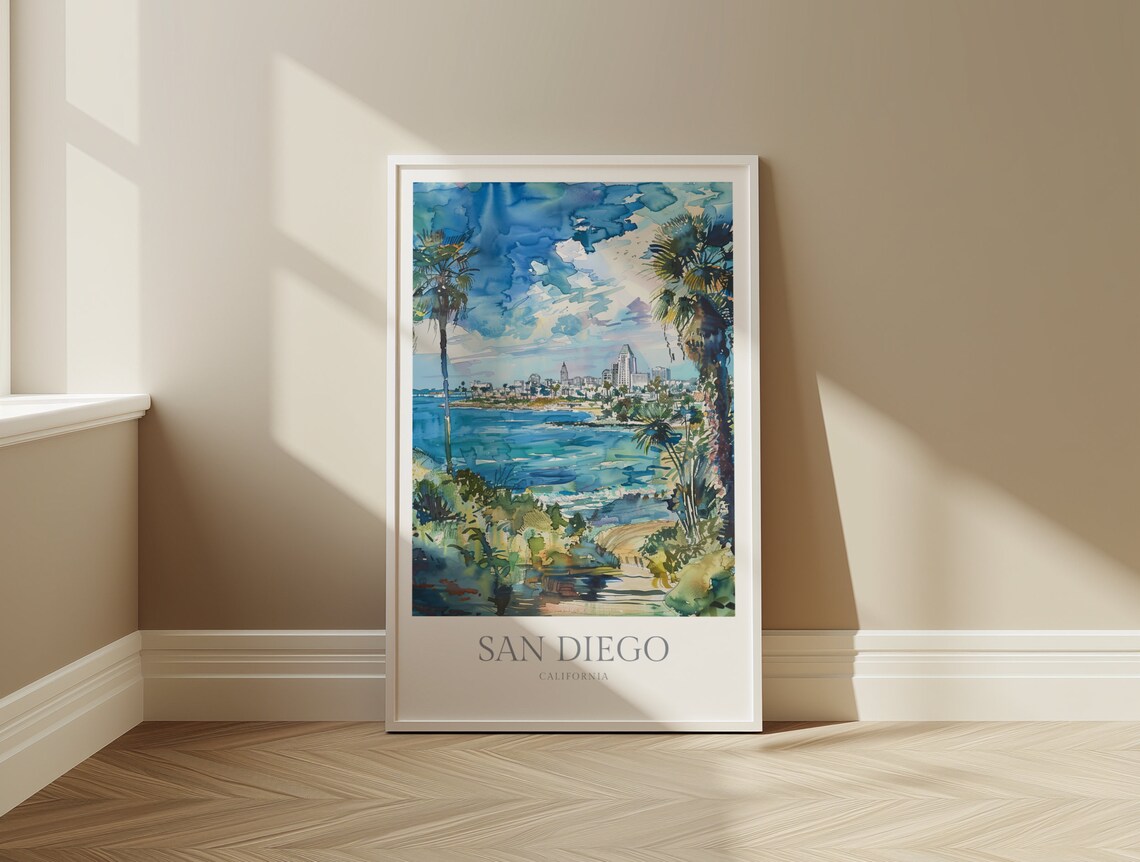San Diego California Watercolor Bay Palm Cityscape Travel Poster - Image 2