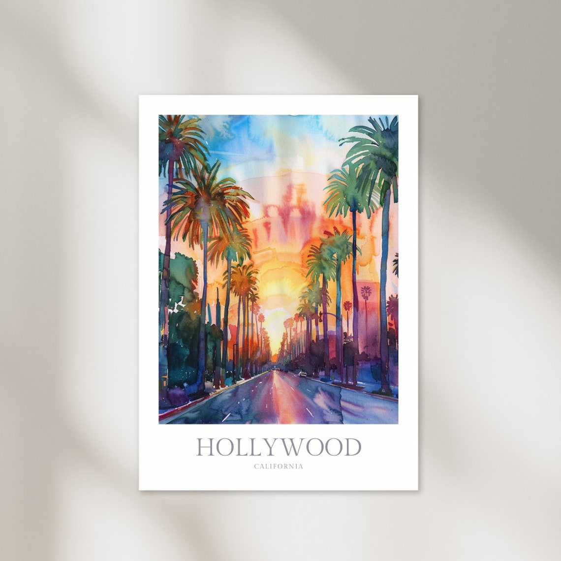 Hollywood California Watercolor Palm Boulevard Sunset Travel Poster