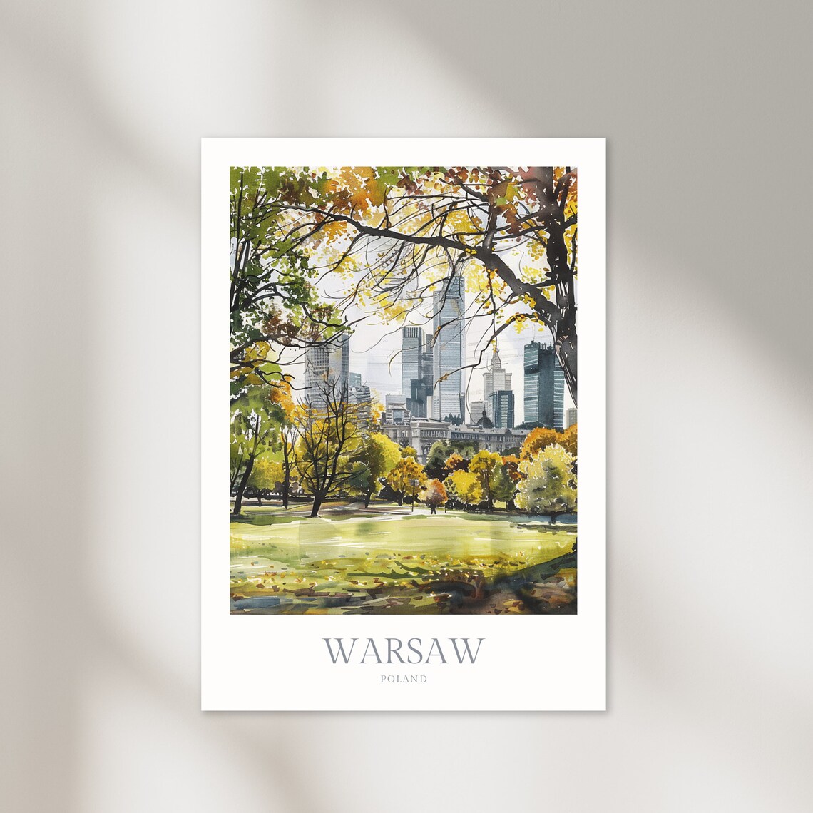 Warsaw Poland Golden Watercolor Autumn Park Skyline Travel Poster