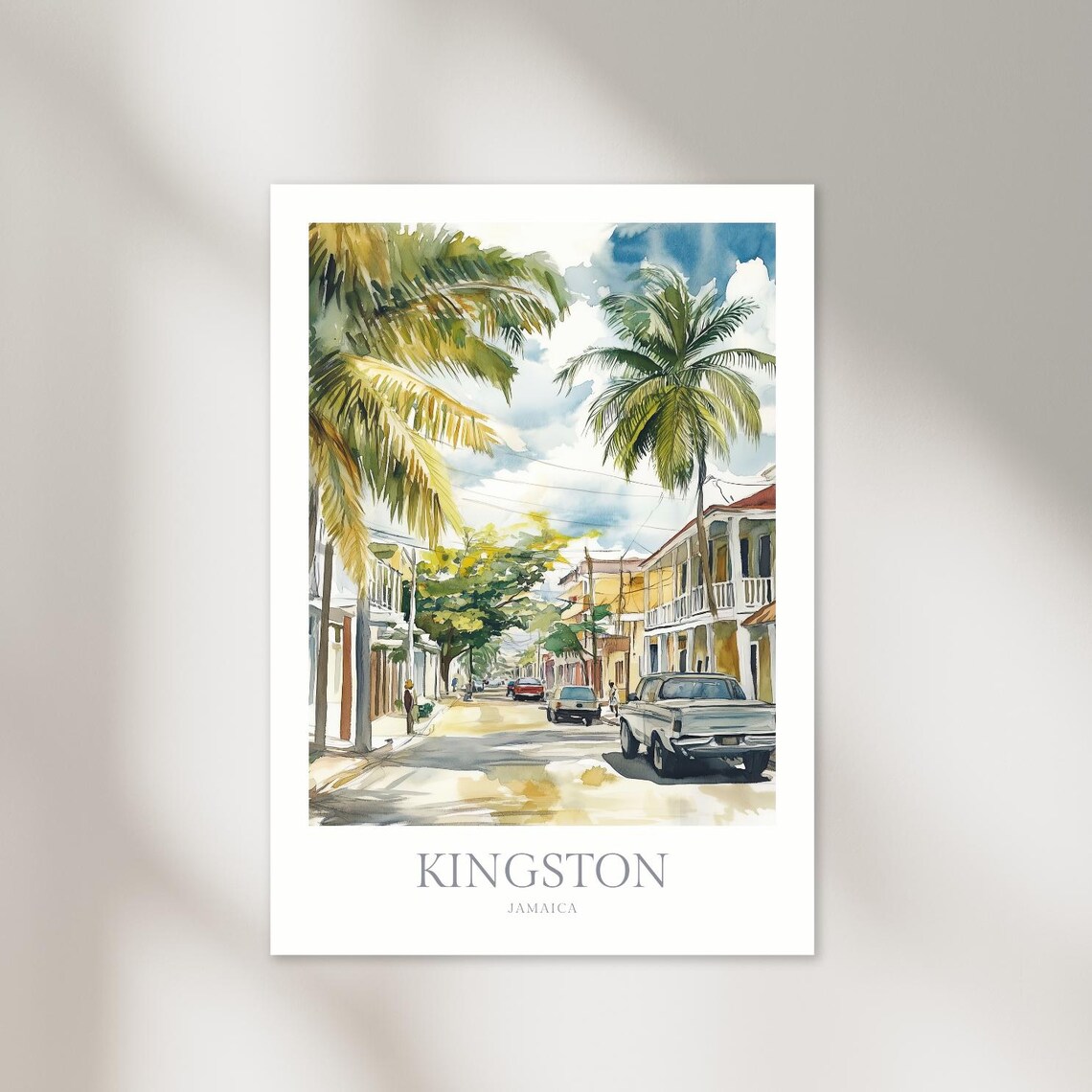 Kingston Jamaica Street Palm Trees Watercolor Caribbean Travel Poster