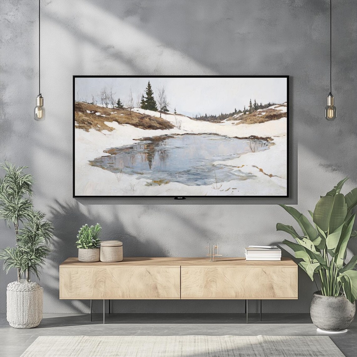Winter Lake Snowy Banks Quiet Landscape Vintage Oil Painting Poster - Image 2