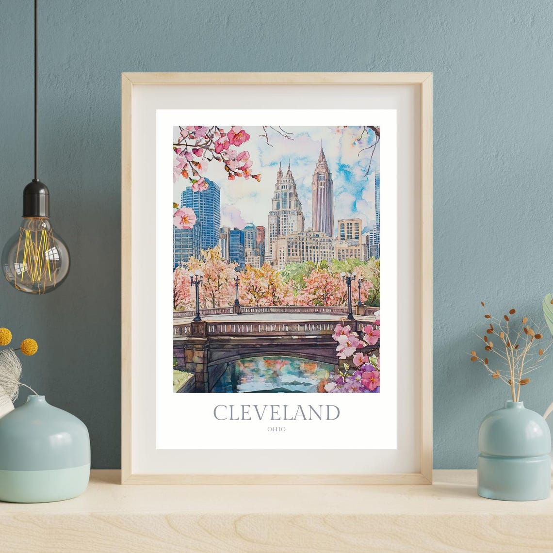 Cleveland Ohio Spring Skyline Cherry Blossoms Bridge Watercolor Poster - Image 3