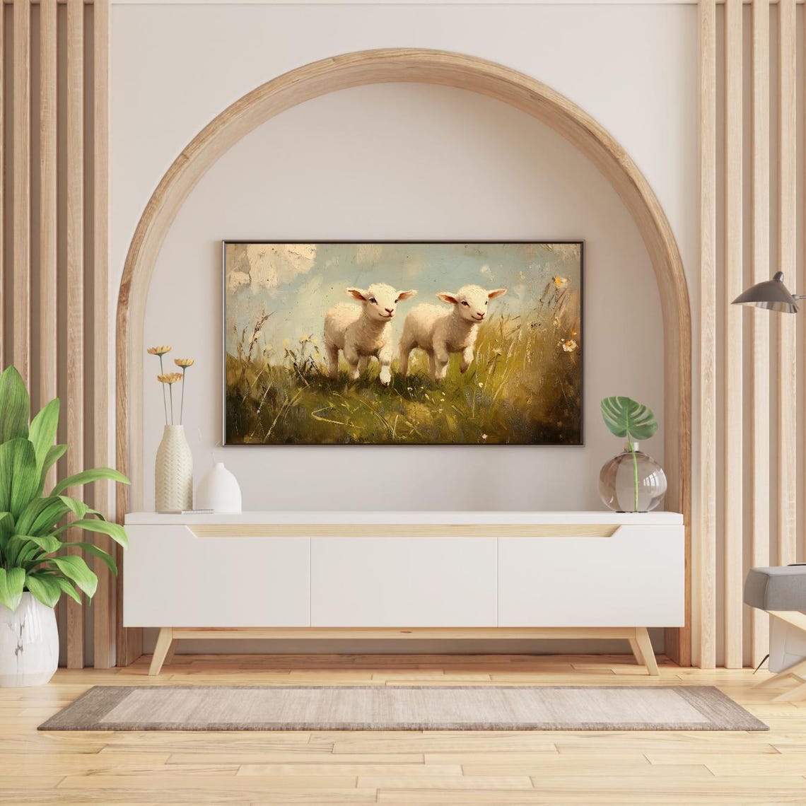 Two Baby Lambs Spring Meadow Vintage Rustic Sheep Oil Painting Poster - Image 2