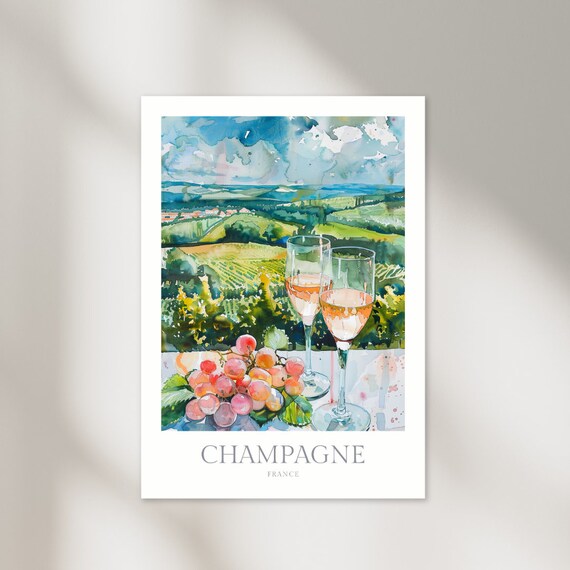 Champagne France Vineyard Hills Wine Glasses Grapes Watercolor Poster