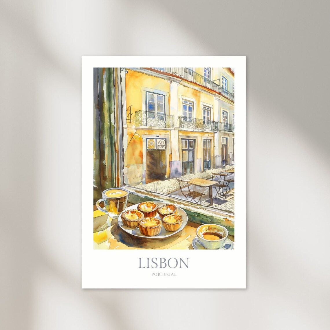 Lisbon Portugal Cafe Watercolor Custard Tart Street Scene Wall Art