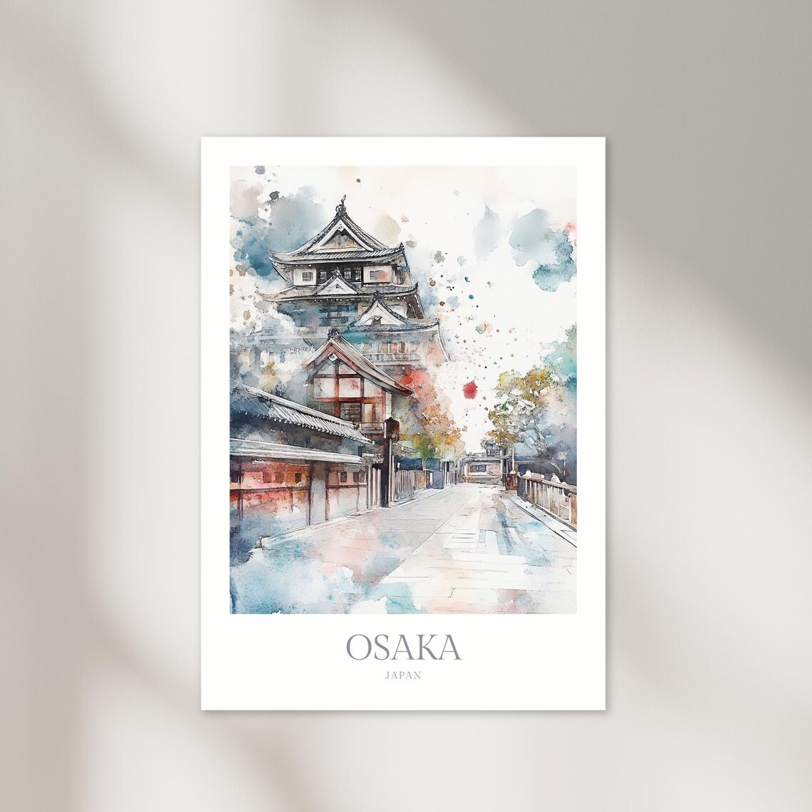 Osaka Japan Castle Watercolor Historic Landmark Street View Poster
