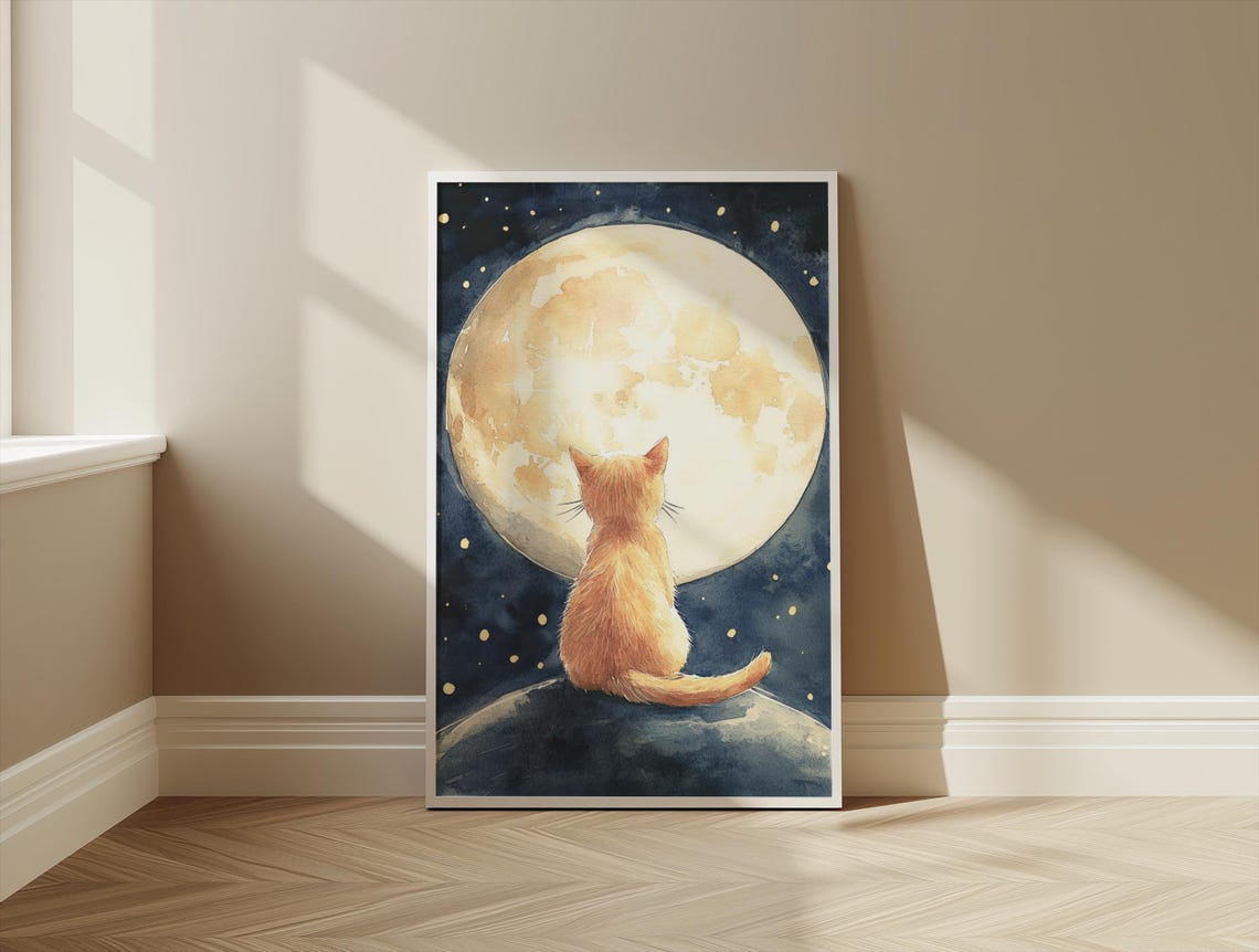 Ginger Cat Under Full Moon Watercolor Starry Night Nursery Poster - Image 3