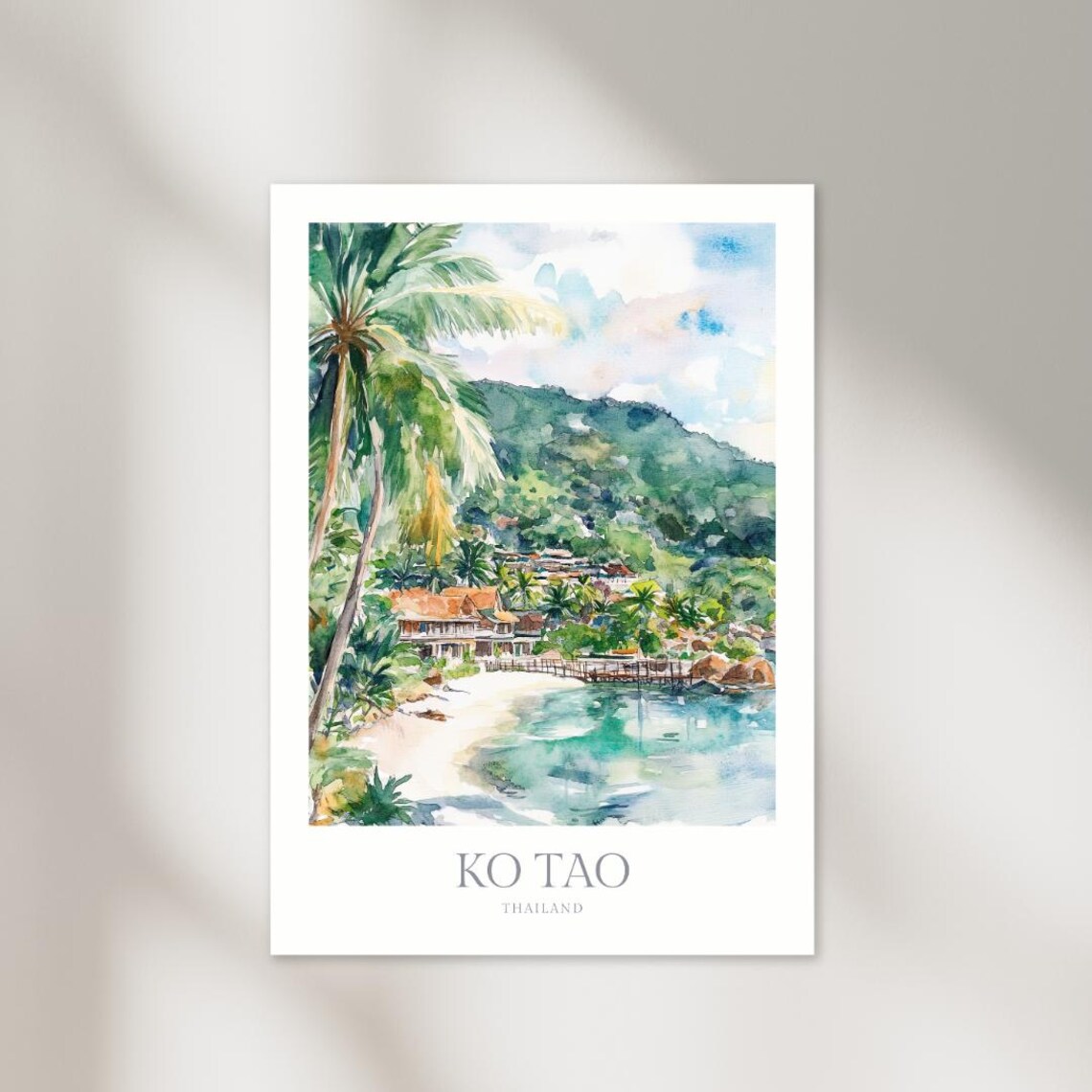 Ko Tao Thailand Beach Palms Island Cove Watercolor Travel Poster
